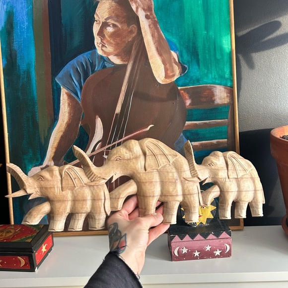 Vintage 19" X 6” Wooden Elephant Decor - Natural Brown - Picture 2 of 9